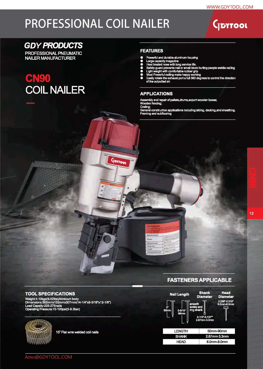 Reasonable Price High Quality 50-90mm Nails Roofing Framing Coil Nailer Gdy-Cn90